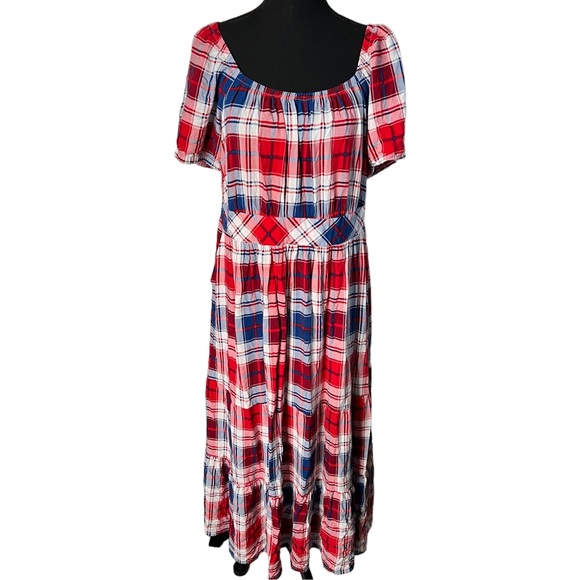 Torrid Challis Puff Sleeve Tiered Maxi Dress 0X Women’s Red Blue GUC 17647247. - Picture 2 of 8